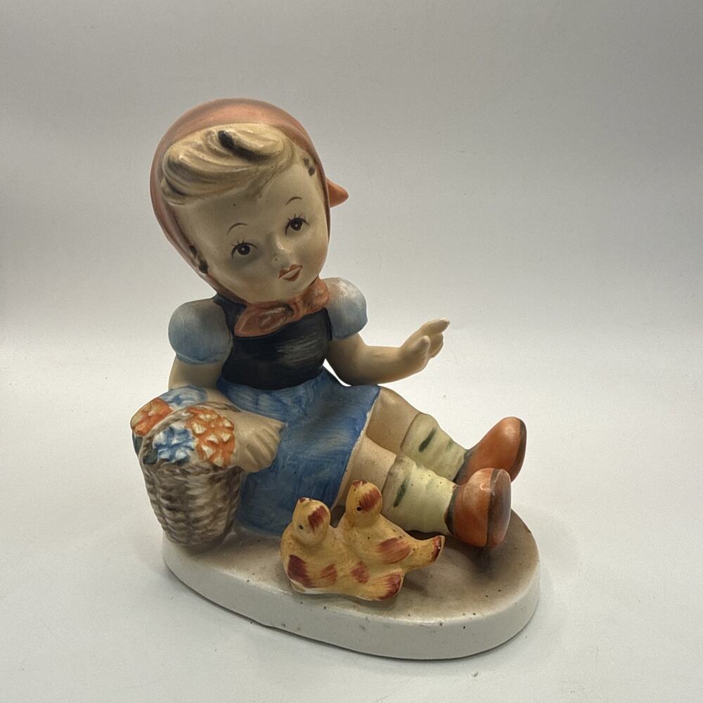 Vintage Porcelain Girl Figurine w/ Flower Basket & Chicks F-2 Hand Painted *